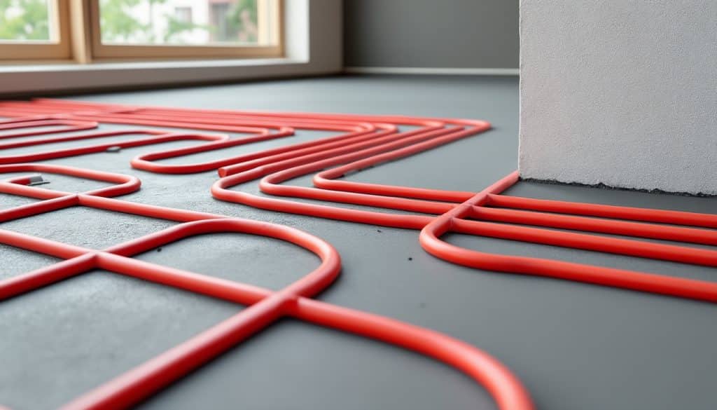 découvrez comment la chape fluide enrobe uniformément les tuyaux du plancher chauffant pour favoriser une diffusion homogène de la chaleur.